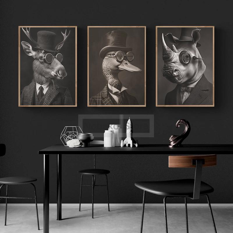 Gentleman Vintage Animals Poster Antique Design Prints Canvas Painting Retro Wall Art Pictures Home Room Monochrome Decoration