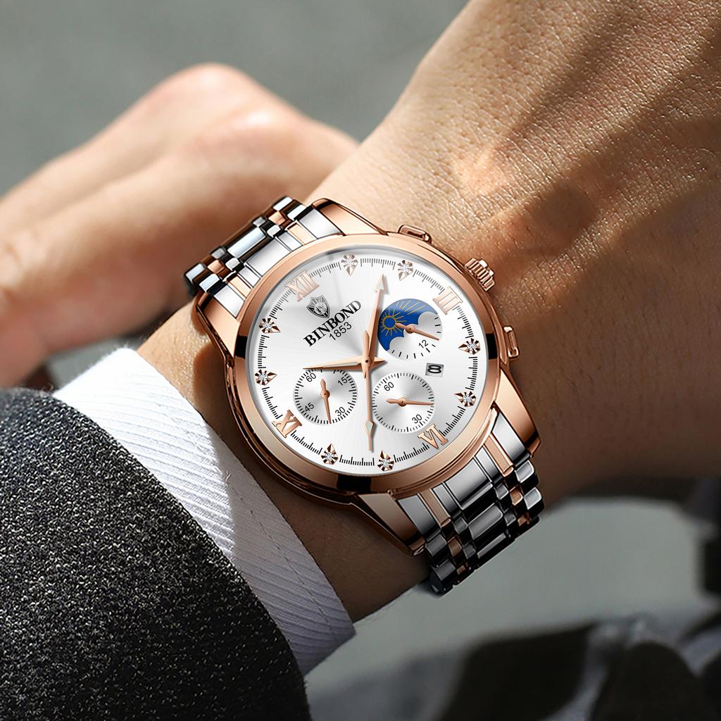BINBOND Authentic Brand Precise Quartz Watches For Men Luxury Luminous Waterproof Sturdy Men's Watch Stainless Steel Reloj