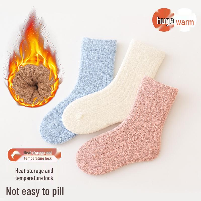 3-Pack Children's Cocoa Cat Terry Socks: Thickened, Warm Winter Mid-Calf for Boys & Girls