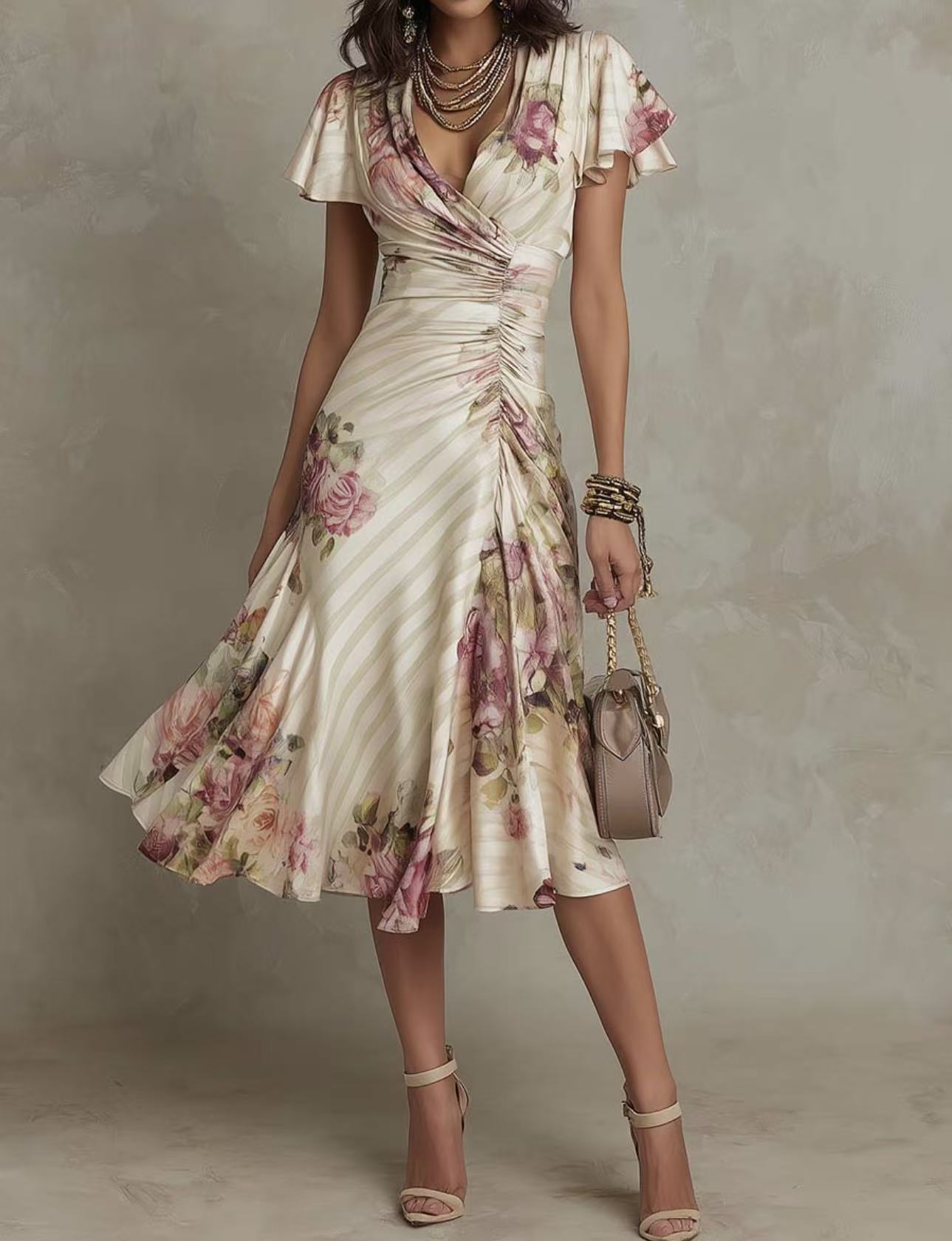 Spring/Summer 2026 New Fashion Casual Printing Pleated Floral Ladies Dress S слоновая кость
