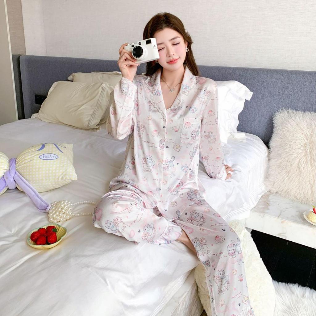Women's Luxury Cartoon Cat Ice Silk Pajama Set - Spring/Autumn Lightweight Plus Size Homewear