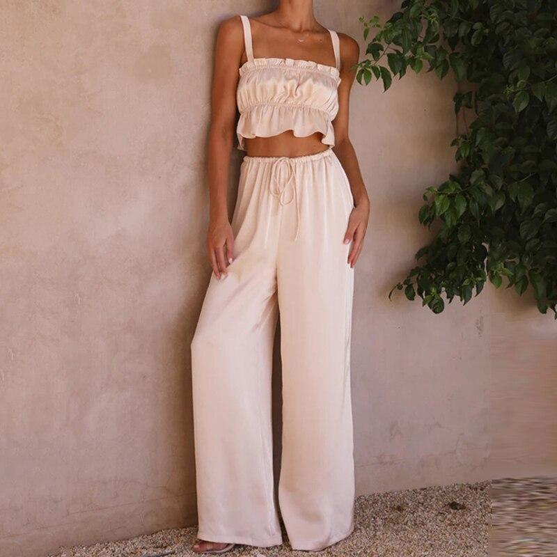 

Сексуальные укороченные топы, широкие мешковатые брюки, комплекты из двух предметов, женские летние брюки с оборками и брюками на шнуровке, свободные наряды 2023 года, Pantalon 25111