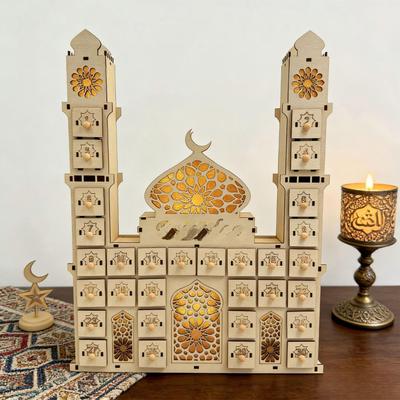 Wooden Countdown Calendar Castle Shape Table Ornament Wth Drawers 30 Days Funny Activity Calendar With Light For Ramadan