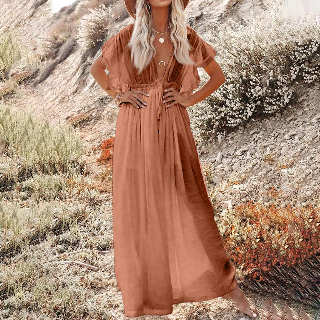 Women Summer Beach Cover Up Dress V Neck Loose Fit Maxi Dress Button Front Vacation Dress with Short Sleeves and Elastic Waist