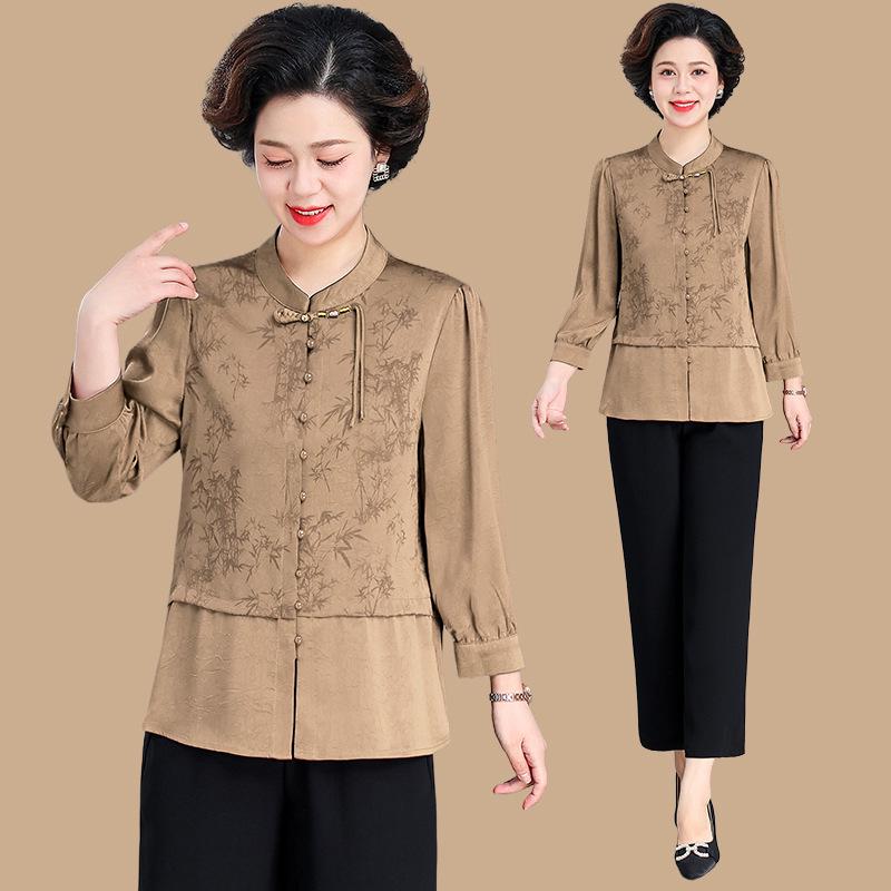 Autumn Mother's Day Chinese Style Two-Piece Shirt Set for Elegant Middle-Aged Women