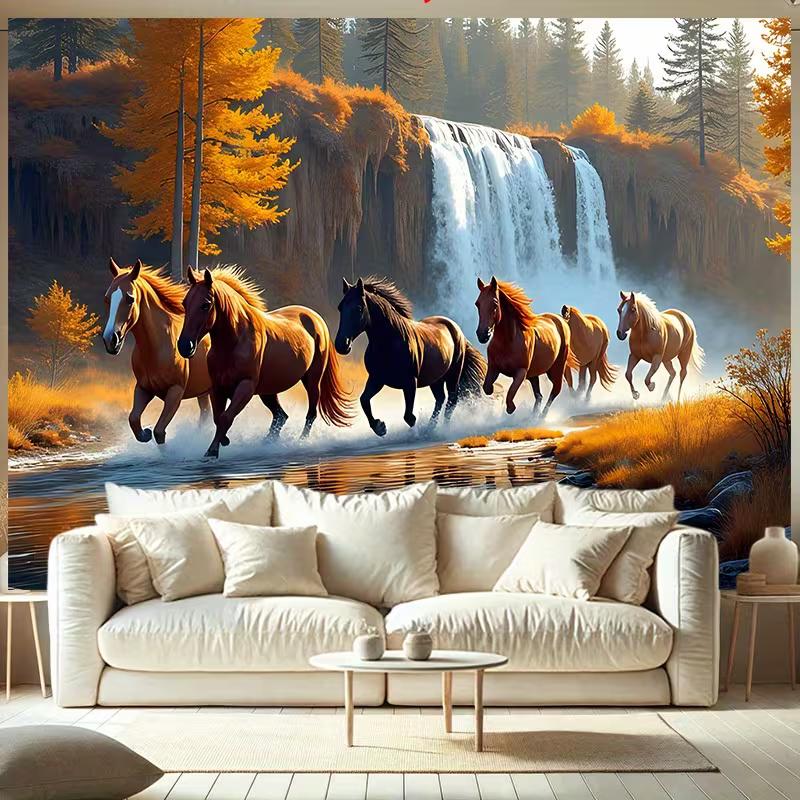 

Гобелен с лошадьми Фэн-шуй, сцена осенней реки и водопада, настенное искусство для эстетичной комнаты 47.2x31.5inch/120*80cm
