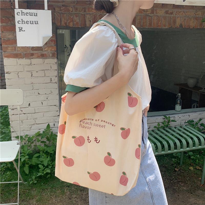Stylish Peach Print Canvas Tote Bag For Women Medium Sized With Magnetic Closure