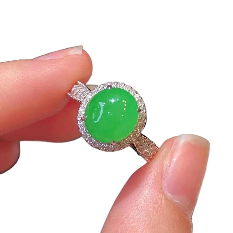 Classic Silver 925 Diamond Natural Jade Chalcedony Green Rings for Women Vintage Charm Round Ring Creative Jewelry Gift