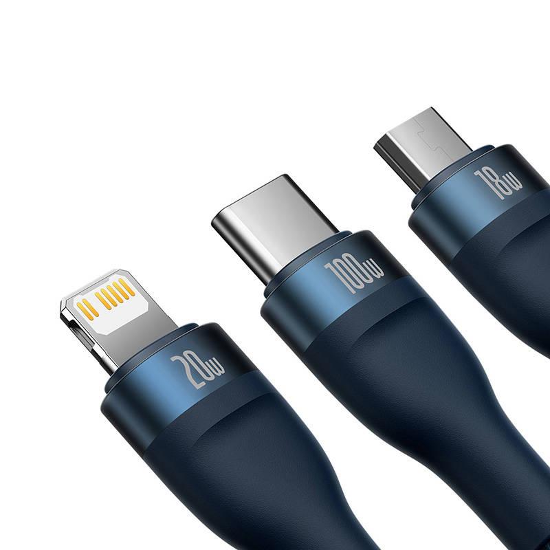 Baseus Flash Series 2 3-in-1 USB Cable, USB-C + Micro USB + Lightning, 100W, 1.2M (Blue)