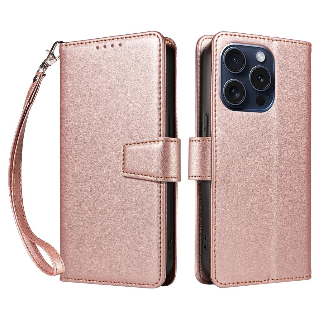 For iPhone 15 Pro Case RFID Blocking PU Leather Wallet Flip Phone Cover with Wrist Strap