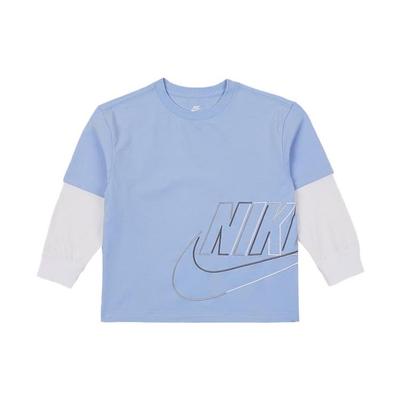 Kids Logo Patchwork Fake Two-Piece Round Neck Long Sleeve T-Shirt Kids Tops Light-Blue FN9194-479