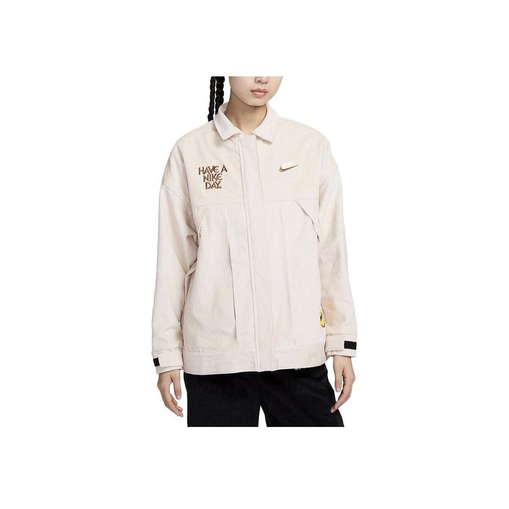 New Nike Women's Smiley Corduroy Collared Sport Jacket Pink HF0355-104