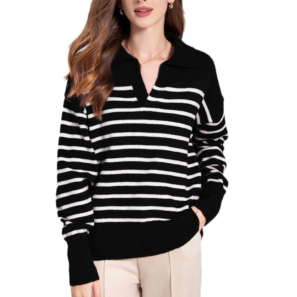 V-neck, Lapel, Striped Women's Long-sleeved Autumn Base Layer Top, Sweater, Contrasting Color Loose Navy Style Coat