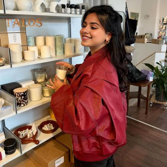 Lady Retro Coat Pure Color Turn-down Collar Zipper Closure Elastic Cuff And Hem Faux Leather Motocycle Jacket Outdoor Travel Coat