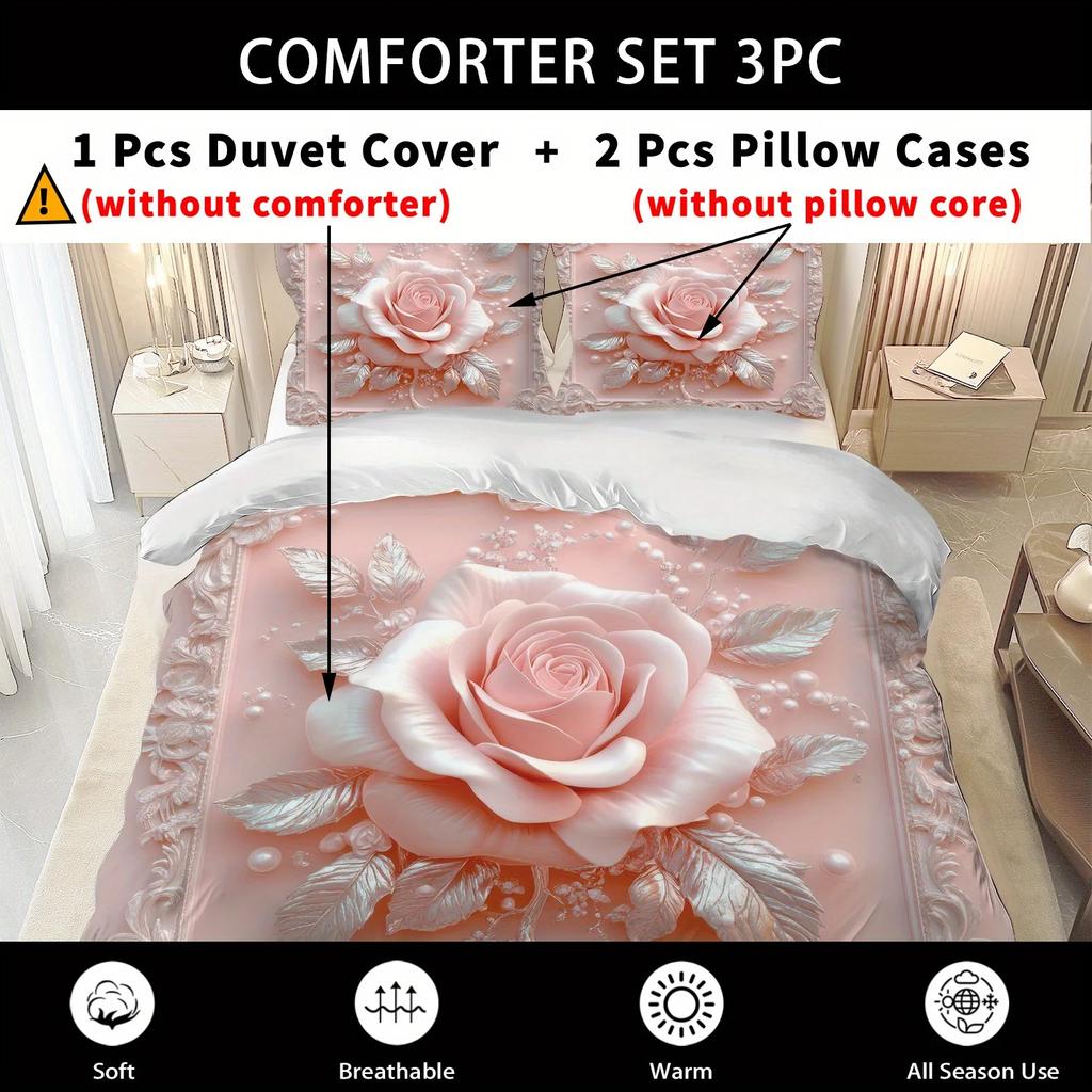 Comforter 2/3Pcs Pink Rose Bedding Set Soft Comfortable Floral Machine Washable Queen King Size