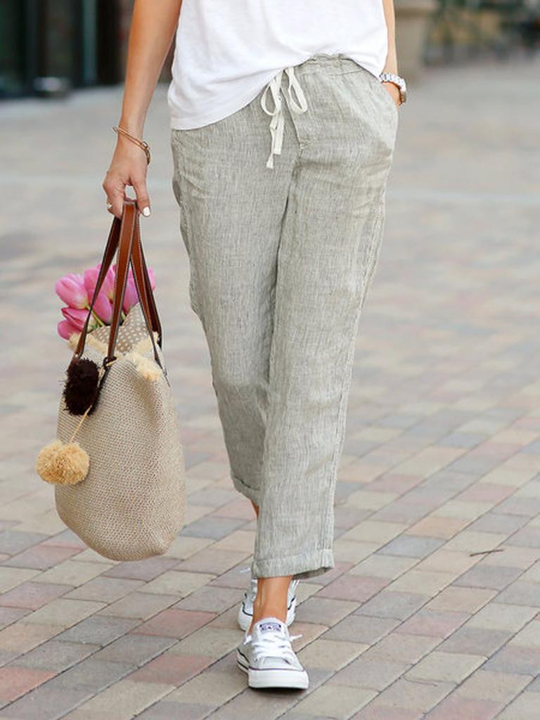 Spring New Solid Loose Casual Drawstring Waist Cotton Linen Pants