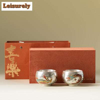 Gilt Silver Dragon And Phoenix Auspicious Teacup Elegant Tea Bowl Jug Tea-tasting Meditation Cup Jianzhan Master Cups Set Gift