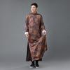 Chinese Silk Satin Dragon Print Long Shirt with Pan Kou Buttons - Purple Performance Robe