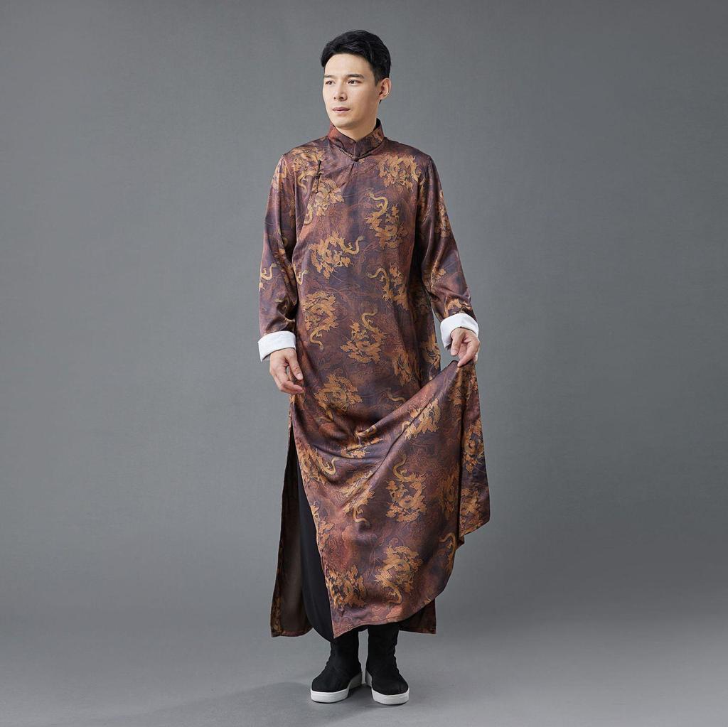 Chinese Silk Satin Dragon Print Long Shirt with Pan Kou Buttons - Purple Performance Robe