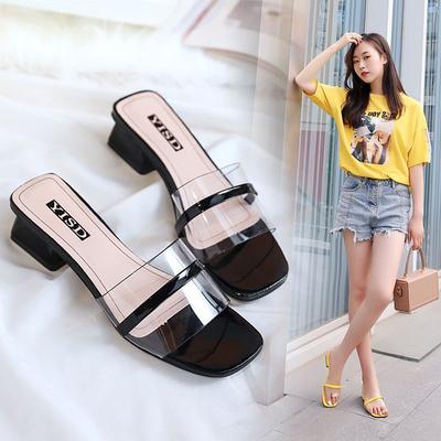 Slippers Women's Summer New Wear Medium Heel Thick Heel Women's Cool Slippers Korean Version Versatile Internet Celebrity Beach Shoes One Word