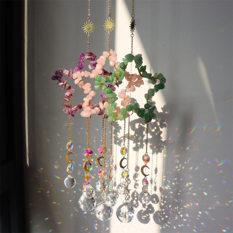 62KD Natural for raw Stone Amethyst Light Crystal Wind Chimes Pendant Dream Rainbow