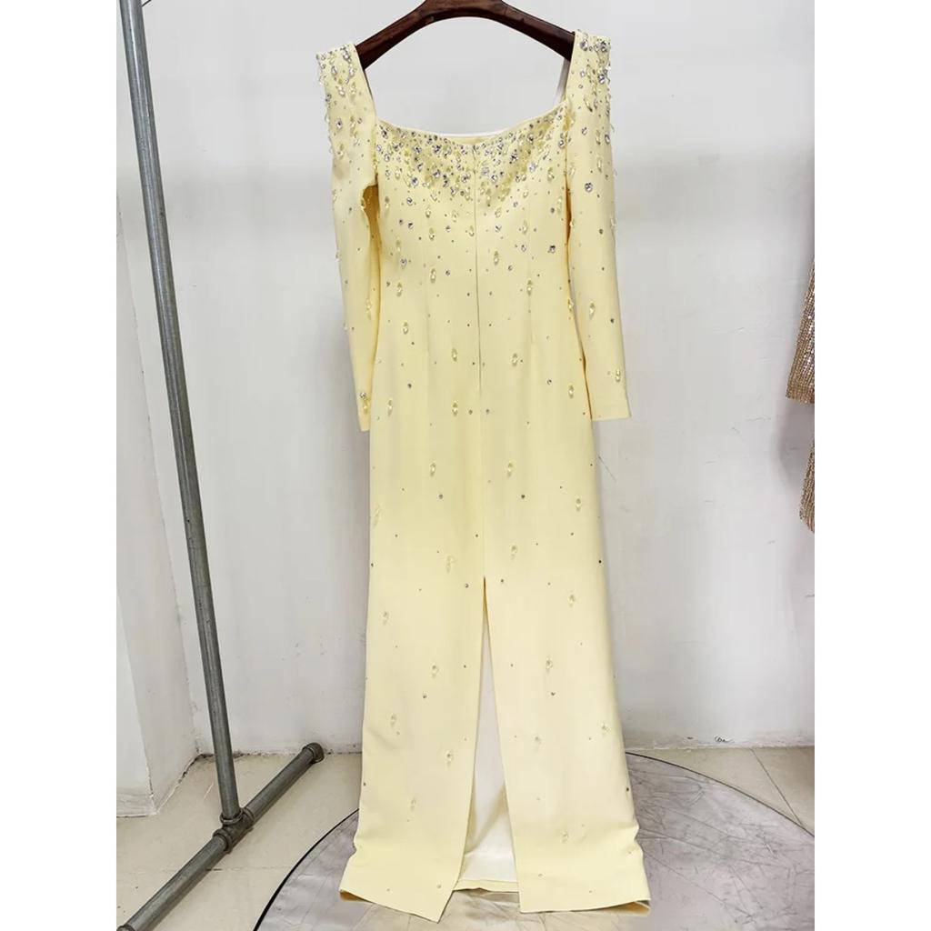 Newest Fashion Designer Vestido Women's Square Collar Beading Diamonds Long Sleeve Maxi Dress