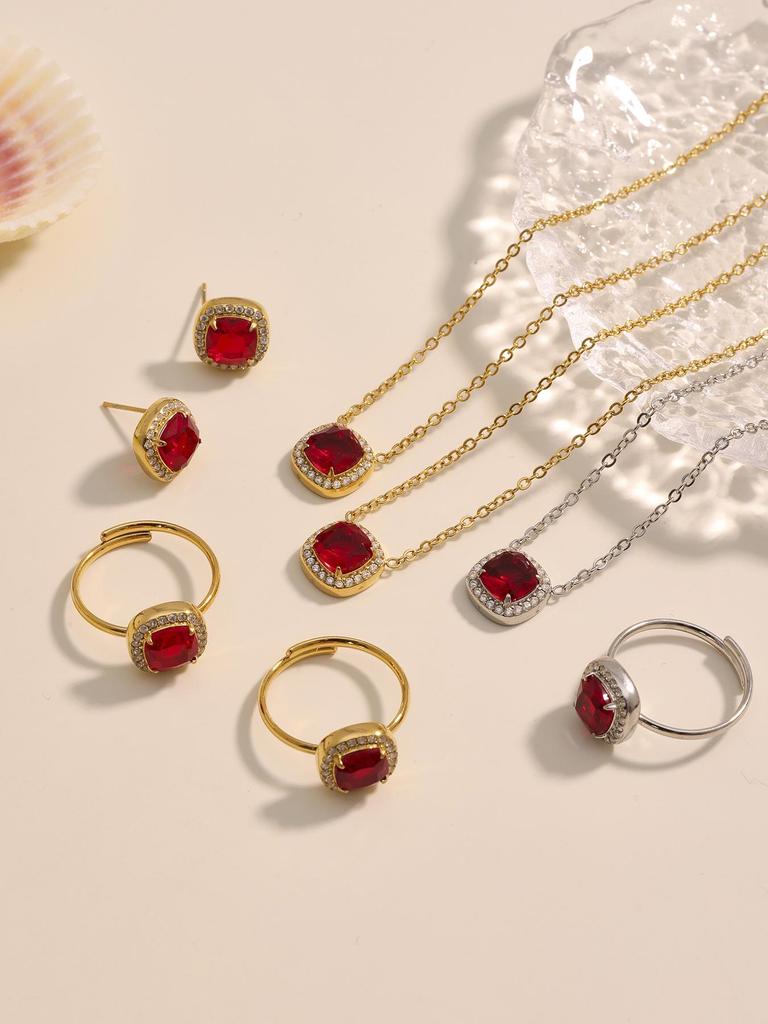 Stainless Steel Zircon Necklace, Ring & Earrings Set with Red Gemstones