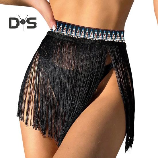 

Юбка для плавания, накидка с высокой талией, однотонная, с кисточками, защита от солнца, пляжная юбка-бикини для бассейна, пляжа, горячего источника, сексуальный купальник S черный белый