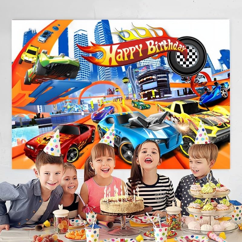 Hot Birthday Party Decorations, 5x3ft Happy Birthday Back Drop Banner Theme Backdrop Banner for Wheels Party Decorations Indoor Outdoor.