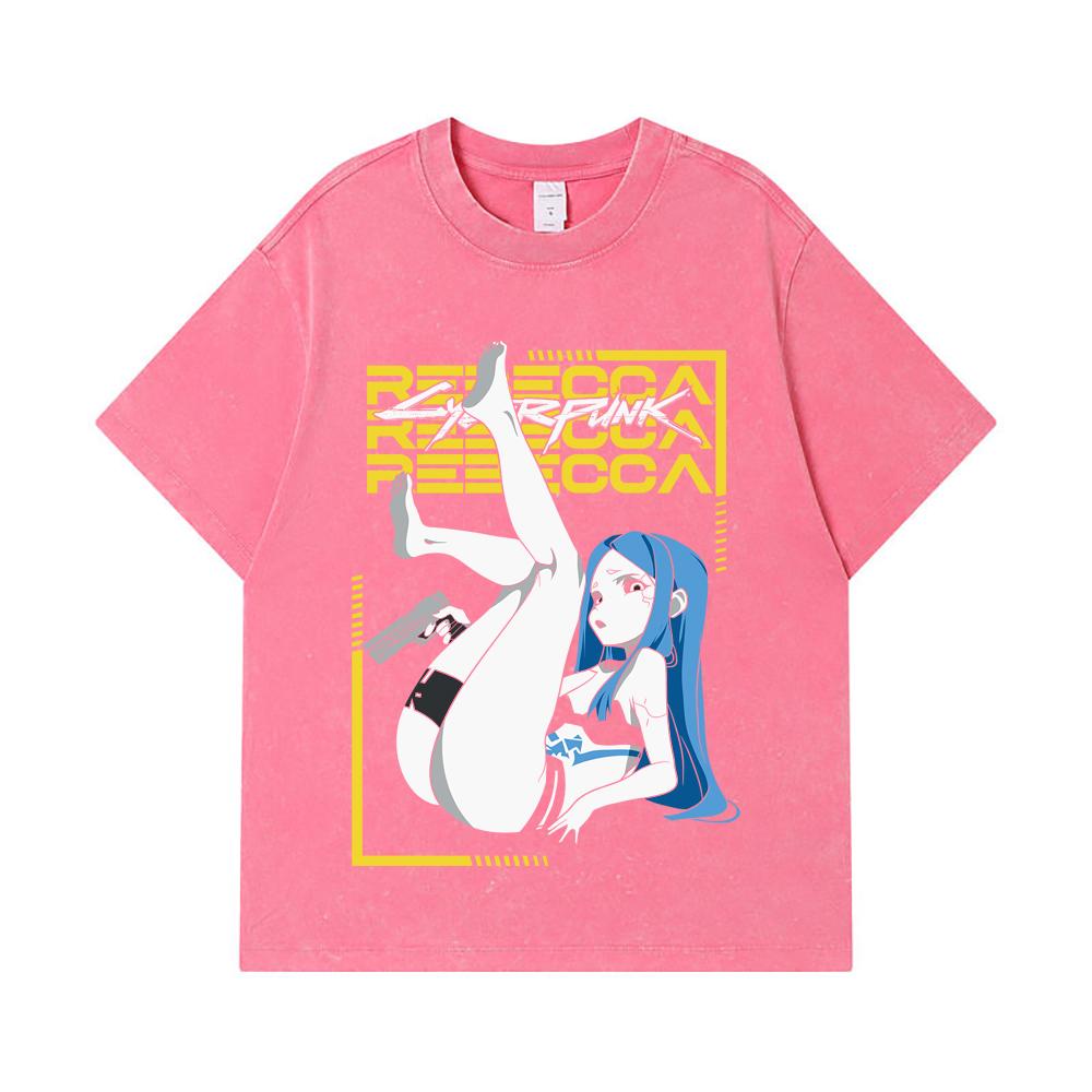 275 GSM Washed T-shirts 100% Cotton Cyberpunk Edgerunners V4 Rebecca Print Unisex Heavy Cotton T Shirt