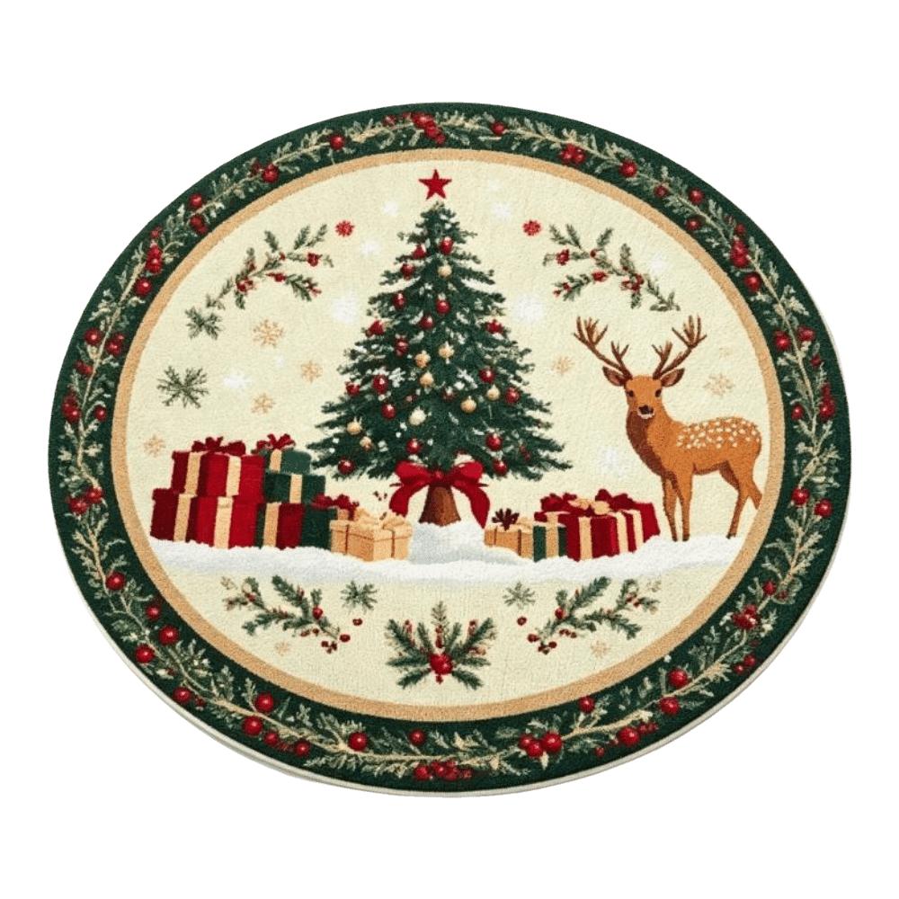 Reindeer Christmas Rug 2D Flat Printed Round Carpet Holiday Decor Christmas Doormat Party