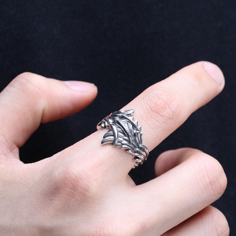 Adjustable Open Ring Men Women Vintage Angel Wing Design Feather Motif Retro Geometric Statement Jewelry