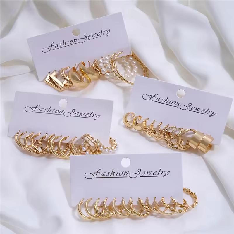 6/24 Pairs Gold Color Vintage Hoop Earrings Set for Women Girl Imitation Pearl Geometric Metal Twist Earring Fashion Jewelry