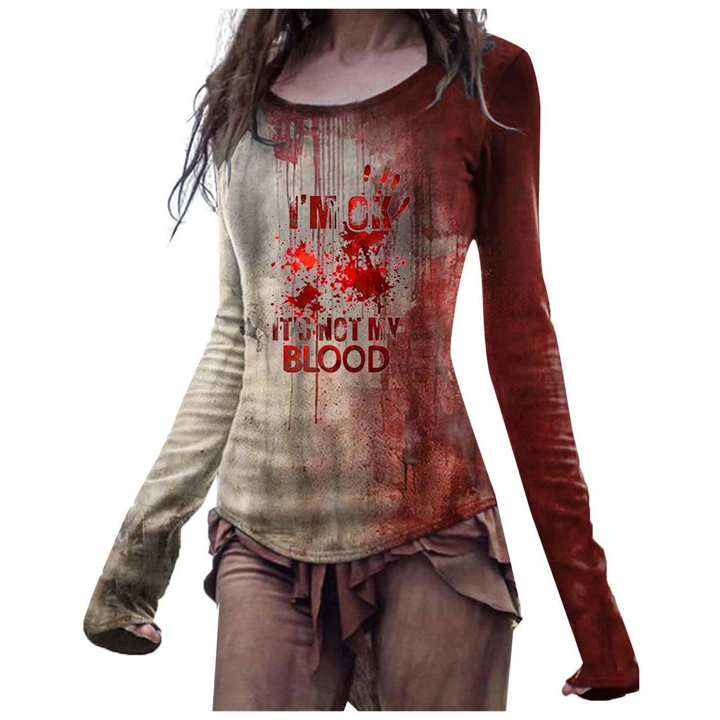 Women's Scoop Neck Long Sleeve T-Shirt Halloween Blood Hand I'm Ok It's Not My Blood 3D Print Gothic Casual Top S-5XL