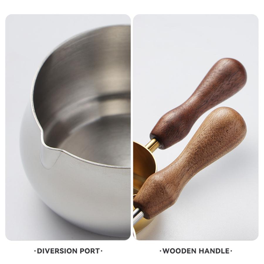 Sauce Pan 304 Stainless Steel Sauce Pan Butter Warmer Milk Pan with Pour Spout Cooking Sauce Cup with Wooden Handle 60ml/100ml