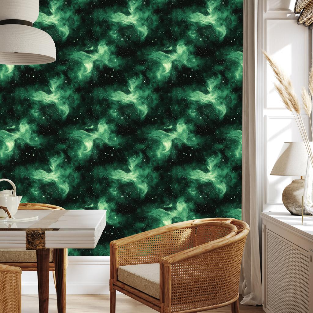 Watercolor Galaxy Wallpaper Sea Green and Black 50x1000