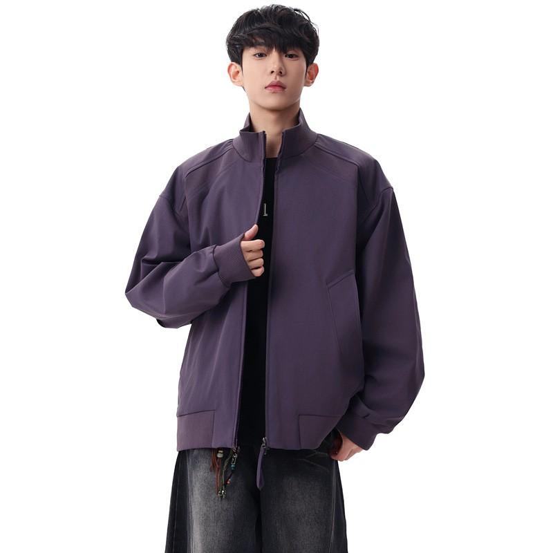Unisex Oversized Stand Collar Jacket Fall Lightweight Casual Outerwear In Beige Purple Black