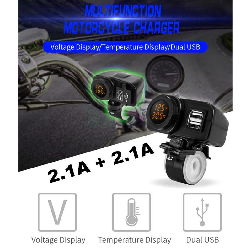 Motorcycle 12V 2Usb 2.1A+2.1A Charger W/Yellow Led Digital Voltmeter Thermometer