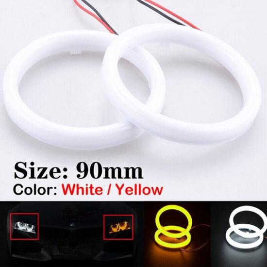 2x 90MM White COB Angel Eyes Halo Rings LED DRL Headlight Light Amber Turn Lamps