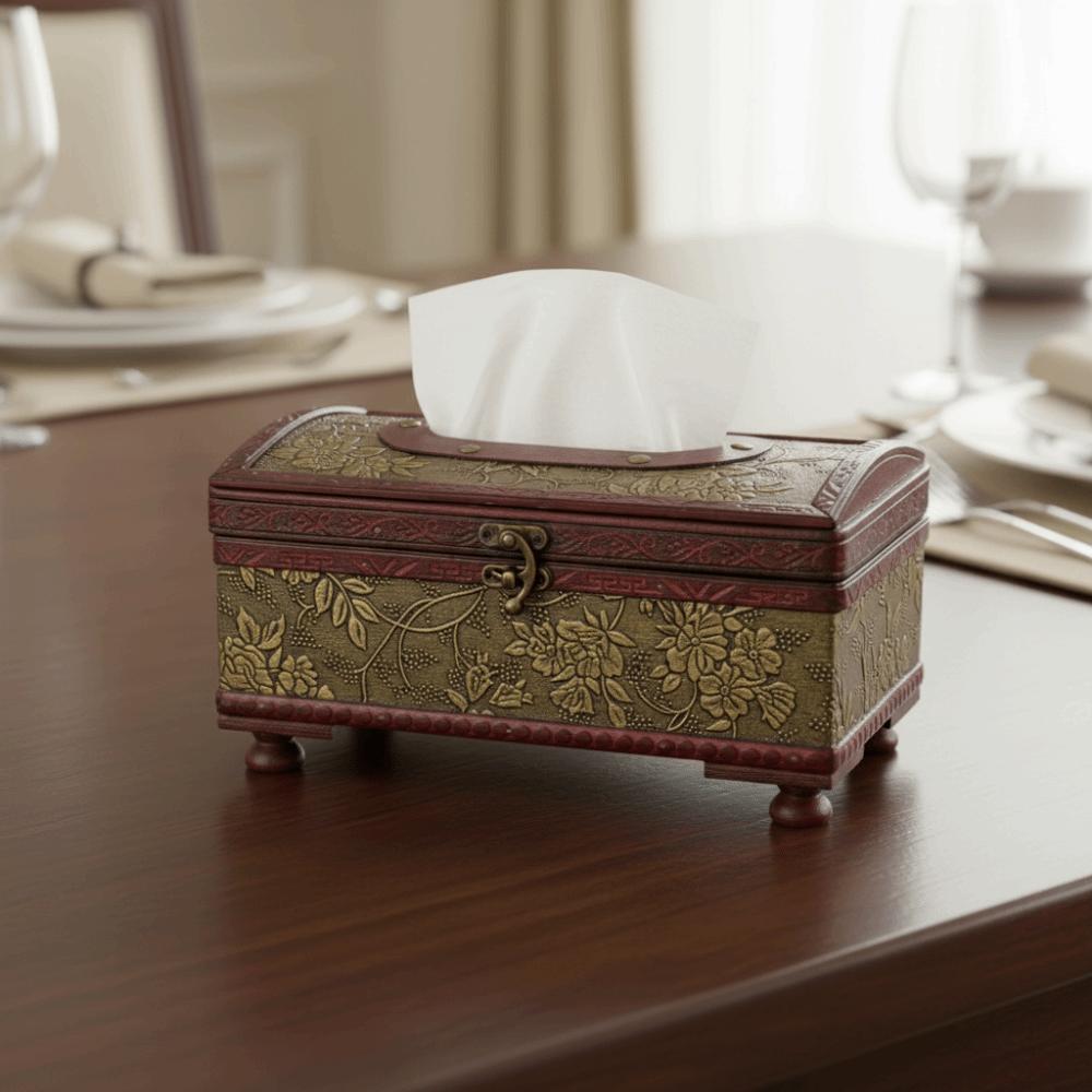Vintage Royal Style Wooden Tissue Box Treasure Chest Design Floral Embossed Desktop Napkin Paper Organizer Raised Feet