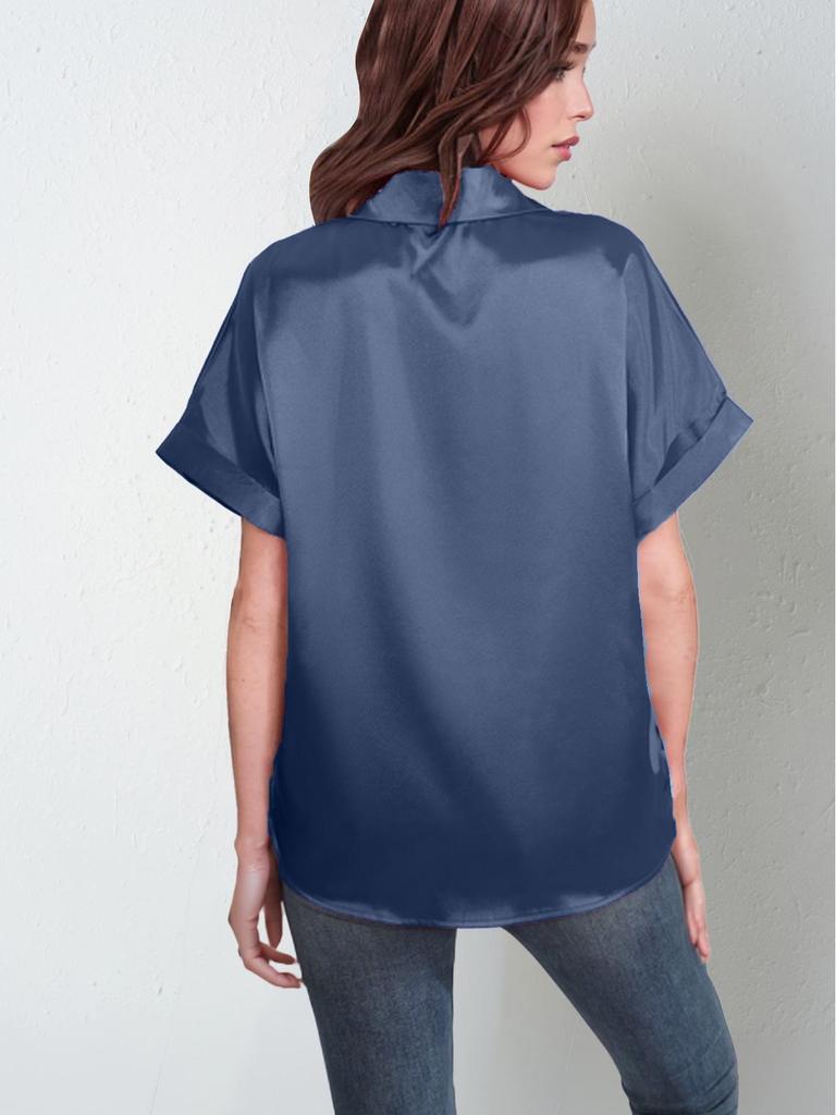 2025 Women's European & American Short-Sleeve Satin Button-Down Shirt - Casual Loose Fit