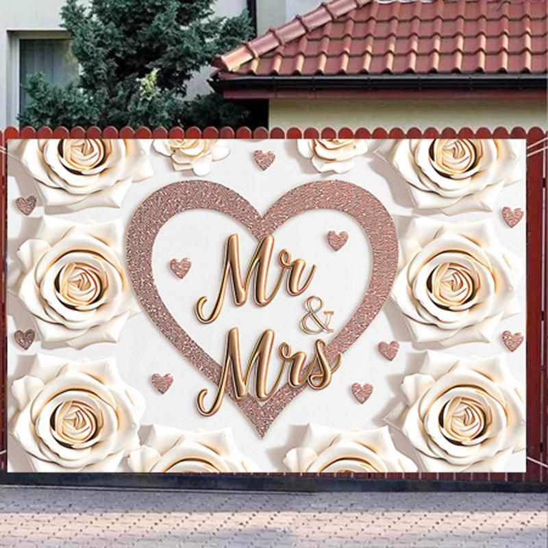 1pc Mr & Mrs Wedding Backdrop with Heart&White Roses,Party Banner for Weddings,Romantic Photo Background Decor,Wall Decor,Reusable Supplies