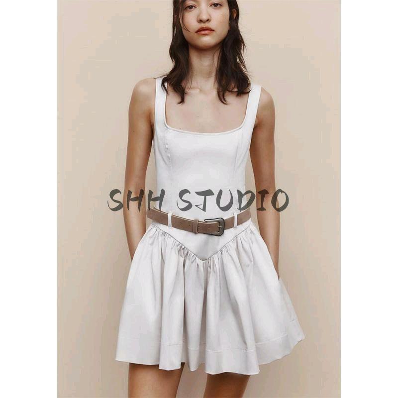 Spring New Women's Clothing American Pure Desire Style with Belt Silm Sleeveless Sling Short Dress 2180326