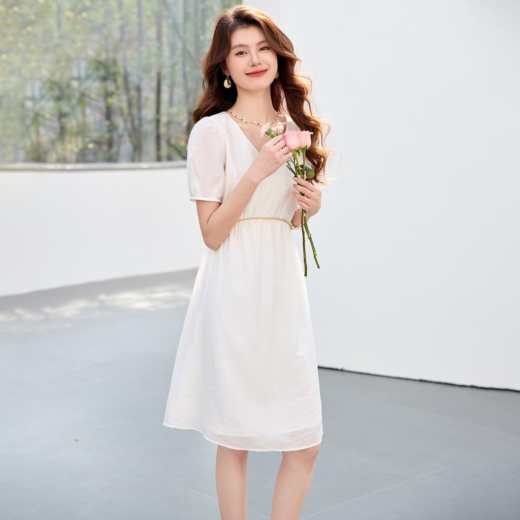 Casual Versatile Women's Dress 2026 Summer New Mid Length V-neck Women's Dress with Waist Cinching