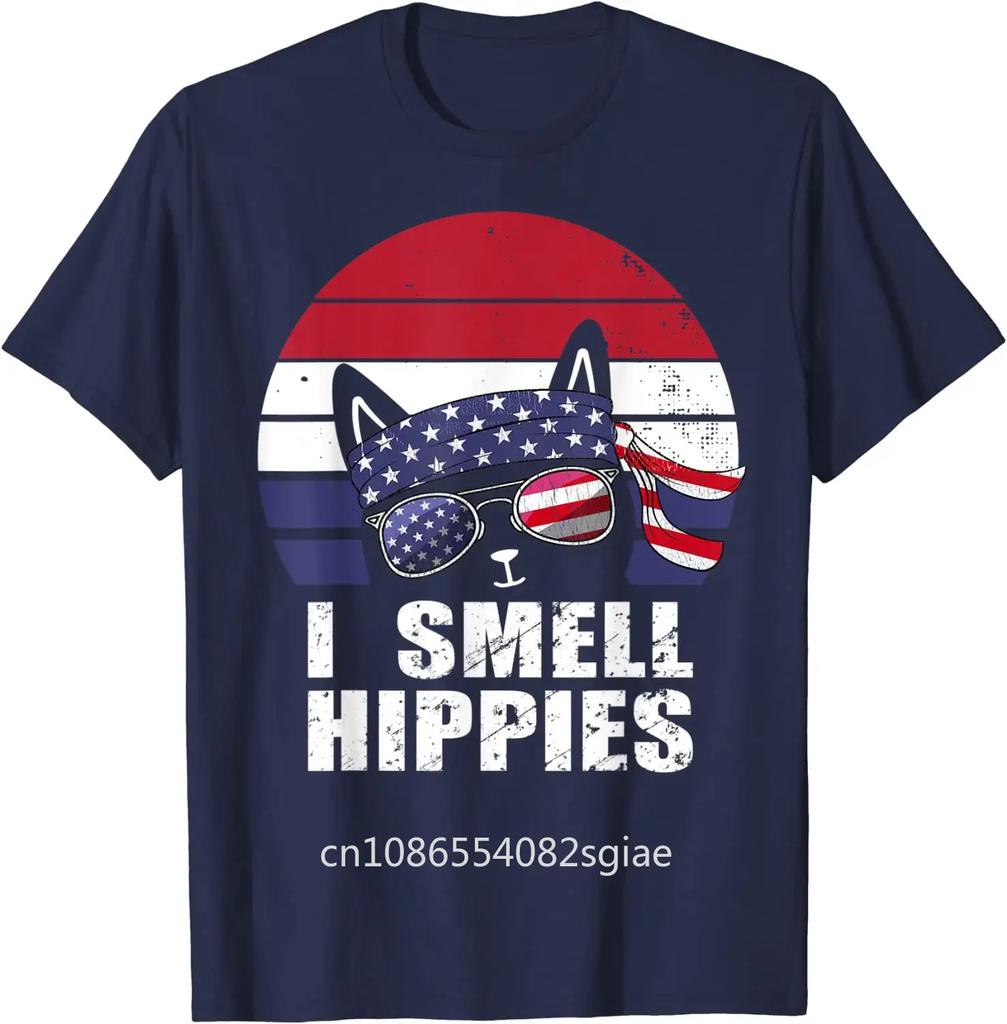 I Smell Hippies American Patriotic Cat Hiphop T-Shirt for Men Women Casual Cotton Daily Four Seasons Tees Graphic T Shirts