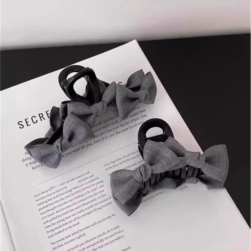 Grey Double Bow Claw Clip - Elegant Large Fabric Hair Accessory