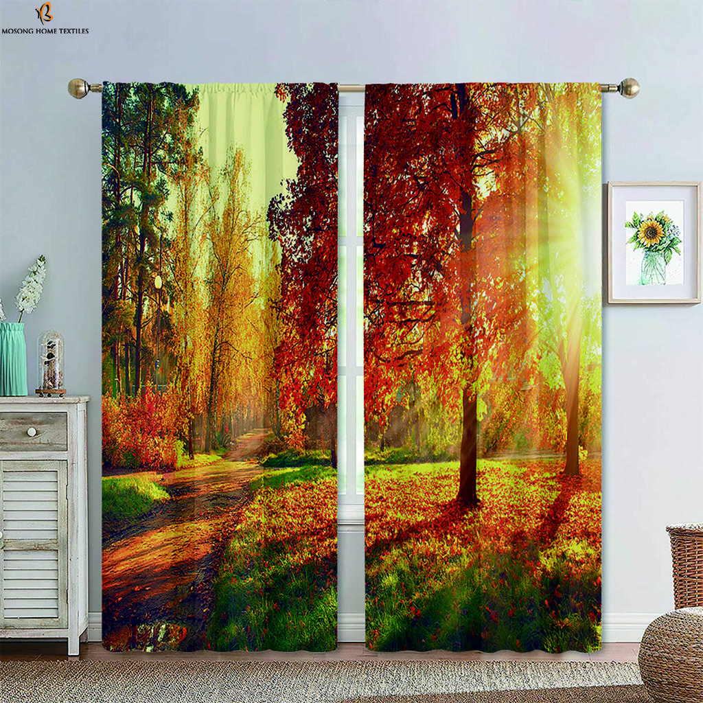 Herbst Nebliger Wald Landschaft 3D Gedruckte Vorhänge Polyesterfaser Stangentasche Schlafzimmer Wohnzimmer Küche Vorhänge 2 Stück