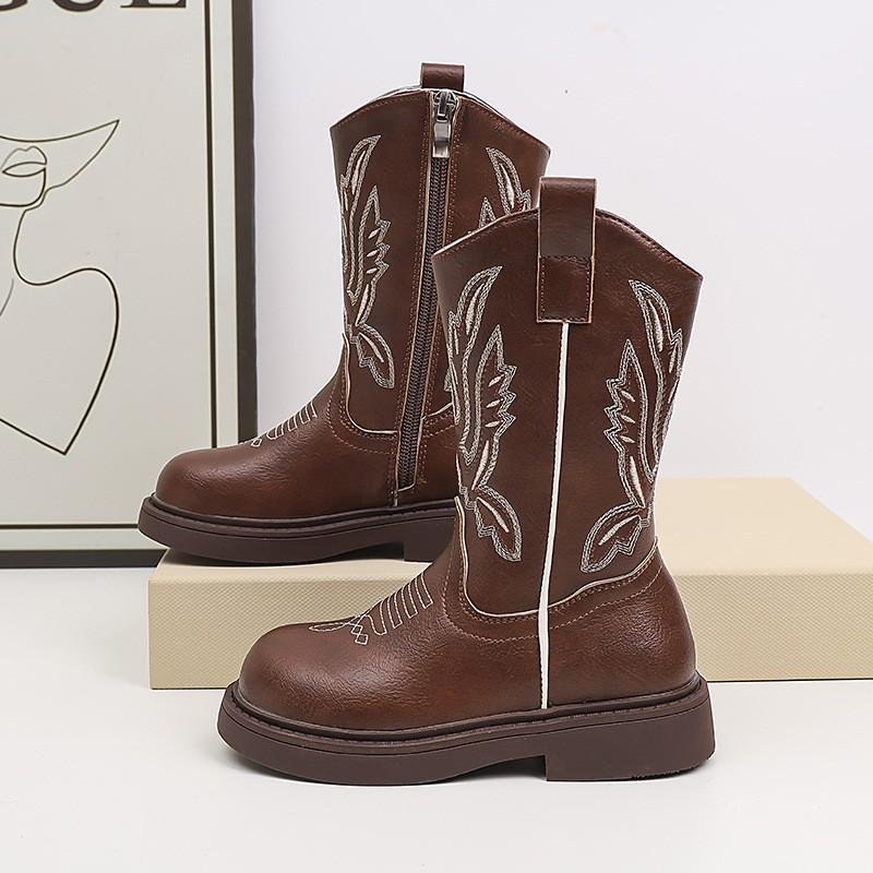Girls Chelsea Boots Mid-Calf Soft Sole Embroidered Vintage Style Winter Kids Footwear
