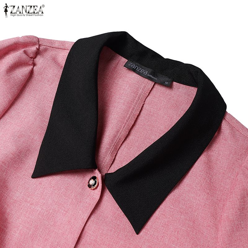 ZANZEA Women Splice Lapel Collar Casual Long Sleeve Elegant Dress
