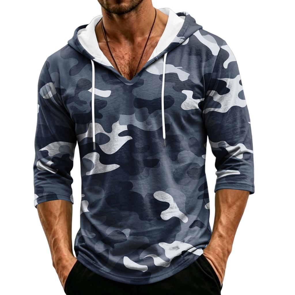 Men's Loose Fit Casual Hoodie Camouflage Pattern Three Quarter Sleeve Pullover Lightweight Breathable Hooded Shirt for Outdoor Activities